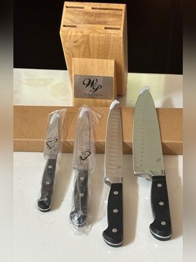 Wolfgang Puck 5 Piece Cutlery Set Full Tang Wood Knife Block Steel Blade
